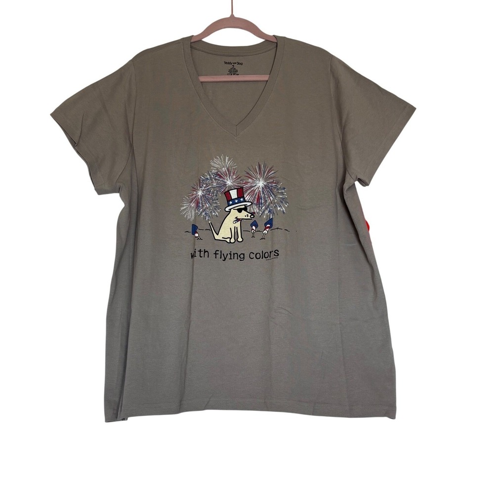 NWT Teddy the Dog Womens Sz 3 22-24 V-Neck Graphic T-Shirt Gray Cotton Patriotic